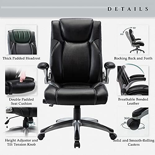 COLAMY Office Desk Chair, Ergonomic Computer Chair with Padded Flip-Up Arms and Thick Cushion, Leather Office Chair with High Back Adjustable Height and Tilt for Working for Working, Study, Gaming - Image 5