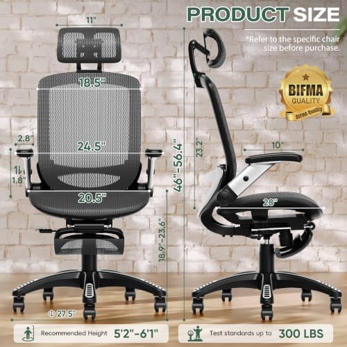 GABRYLLY Ergonomic Office Chair, High Back Home Desk Chair with Footrest,3D Headrest, Flip-Up Arms, 135° Tilt and Wide Cushion, Heavy Duty Mesh Chairs for Task Computer Gaming, Black - Image 3