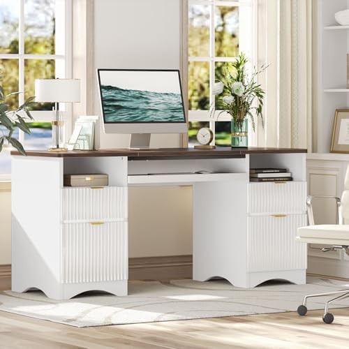 Bestier Computer Desk with Keyboard Tray, 59 inch Office Desk with 4 Drawers, Modern Home Office Desk with File Drawer (Walnut with White, 59" W with Double-Sided Drawers) - Image 5