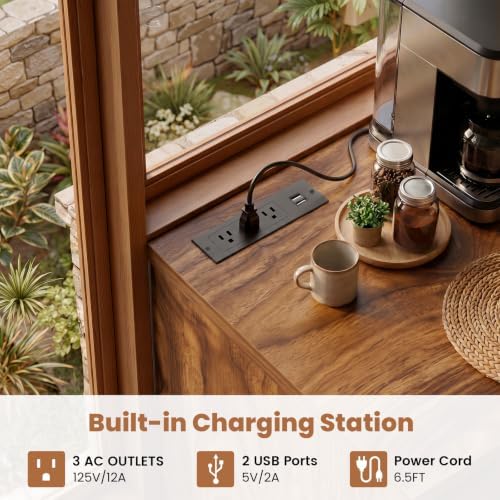 Unikito Coffee Bar Cabinet with Mini Fridge Space & Power Outlet, Walnut - Image 3