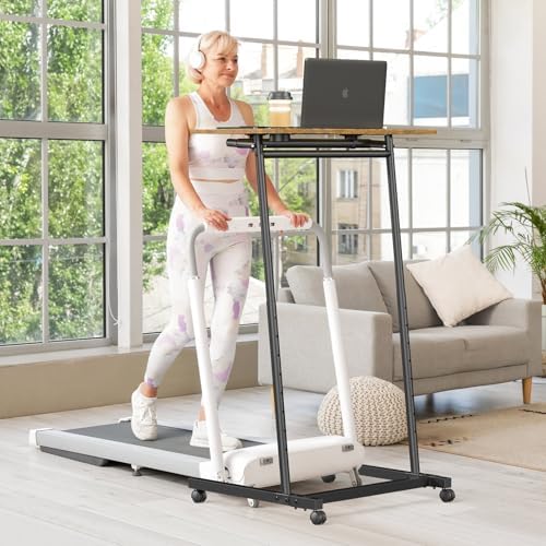 Eocnrhe Treadmill Desk, Mobile Small Standing Desk with Wheels for Walking Pad, Portable Table for Laptop, Rolling Table Adjustable Height, Bedside Table，Brown - Image 6