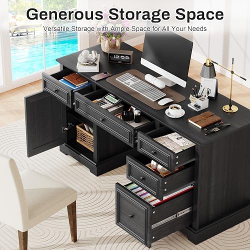 Vipbear 60" Farmhouse Executive Desk with Drawers and Cabinet, Embossed Texture Wood Home Office Desk, Rustic Computer Writing Desk, Workspace for Work Study Writing, Black - Image 3
