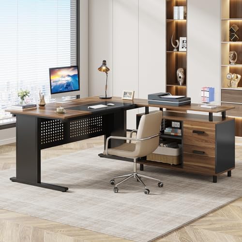 Tribesigns 63 Inch Executive Desk with File Cabinet, Large Office Desk L Shaped Computer Desk with Drawers and Storage Shelves, Business Furniture Desk Workstation for Home Office, Brown and Black - Image 3