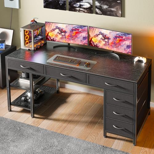 Huuger Computer Desk with 6 Drawers, Office Desk with Shelves, Reversible Gaming Desk, Corner Desk with Storage, Work for Home Office, Study, Living Room, 54inch, Black - Image 7