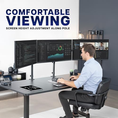 VIVO Clamp-on Dual Pole Triple Monitor Desk Mount for 1 Center Utrawide up to 49 inches and 59.4 lbs, 2 Side Screens up to 38 inches and 17.6 lbs, Low Profile Adjustable Stand, Black, STAND-V300CU - Image 6