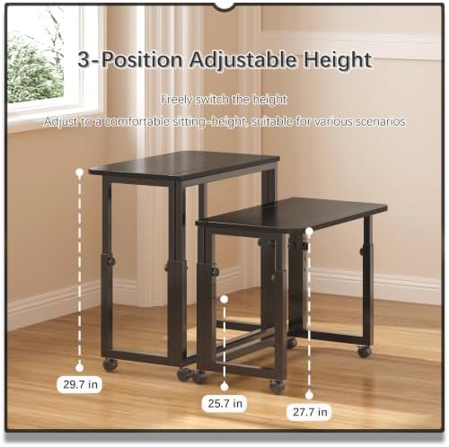 4NM No Tool Assembly 27.5" Small Desk, Folding Portable Desk with Wheels, Adjustable Height Foldable Computer Home Office Desks, Collapsible Study Writing Table for Space Saving Bedroom - All Black - Image 5
