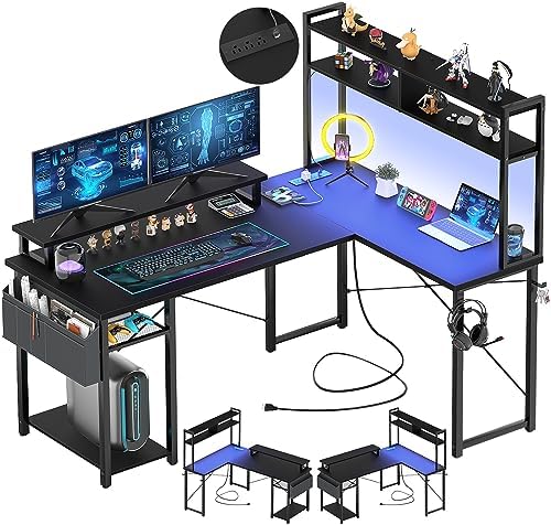 Aheaplus Small L Shaped Desk Gaming Desk with LED Lights & Power Outlets by Aheaplus