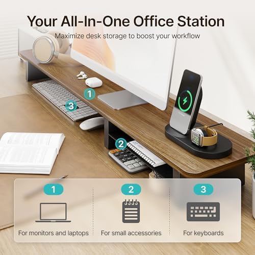 PEGZONE 46" Dual Monitor Riser, Metal Shelf Wooden Desk Organizer - Image 4