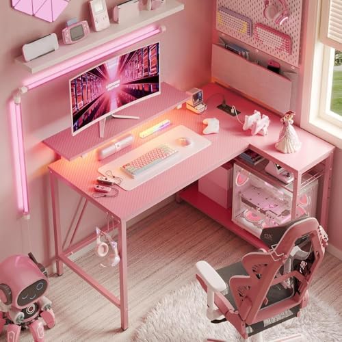 Bestier 42-Inch Pink L-Shaped Gaming Desk with Charging & LED - Image 2