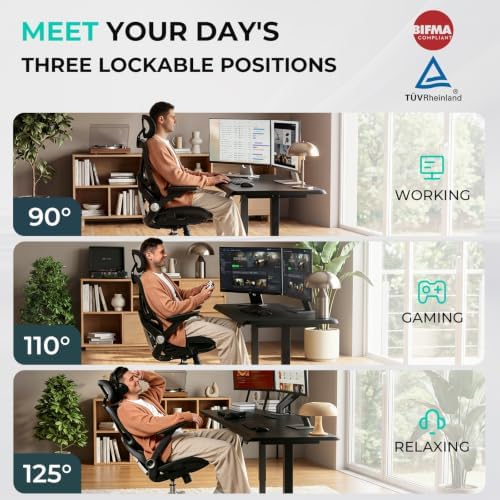 CAPOT Ergonomic Mesh Office Chair, Adjustable Lumbar High Back Desk Chair 400lbs, 4D Flip-up Arms, 3-Level Tilt Backrest, 3D Headrest, PU Wheels, Swivel Rolling Computer Seating for Long Desk Work - Image 4