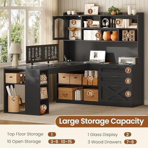 SEDETA 61" Farmhouse L Shaped Gaming Desk with Drawers, Bookshelf Storage - Image 4