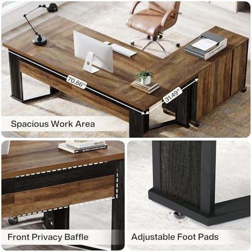 Tribesigns 70.86" Executive Desk with Mobile File Cabinet, Large L Shaped Computer Office Desk with 2 Drawers and Storage Shelves, Business Furniture Desk Workstation for Home Office (Rustic Brown) - Image 6