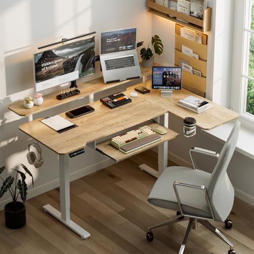 Acrolix 59" L Shaped Standing Desk with Shelves Keyboard Tray,Oak - Image 2