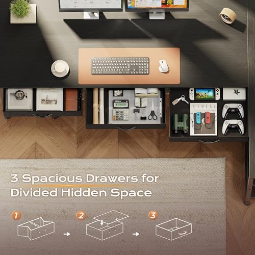 PRAISUN 63 Inch L Shaped Office Desk with Power Outlets and Type-C Port, Large Computer Gaming Desk with 3 Fabric Drawers, Mesh Shelves, Corner Study Work Writing Desk, Black - Image 7