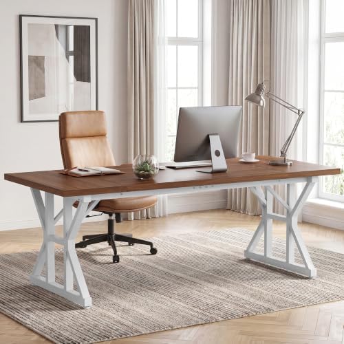 YOUDENOVA 71 Inch Executive Desk, Large Computer Office Desk Workstation with Thick Desktop & Heavy Duty Metal Legs, Modern Industrial Wood Writing Study Table for Home Office (Deep Brown/White) by YOUDENOVA