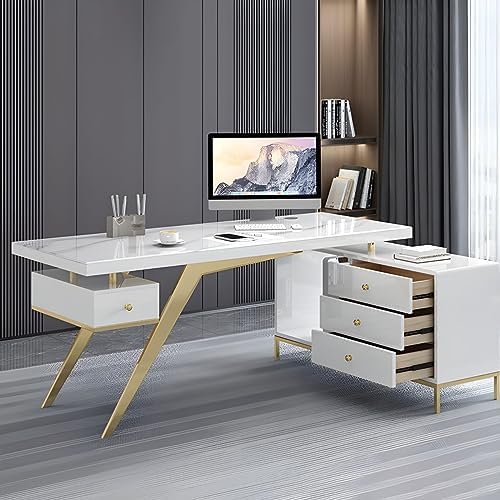 LAKIQ L-Shape Executive Desk with File Cabinet Storage Stone Countertop Modern Computer Desk with Pedestal Writing Desk Table for Home Office-Without Chair(Right Hand Return,63"L x 47.2"W x 29.5"H) - Image 7