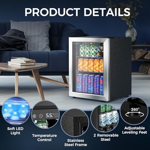 COWSAR 1.7 Cu Ft Beverage Refrigerator and Mini Fridge Cooler - 68 Can Capacity, Glass Door, Quiet Operation, LED Temperature Control, Holds 16 Wine Bottles for Bar, Home, Office - Image 5