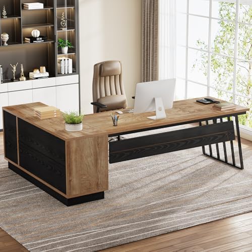 Tribesigns 71-Inch Executive Desk, L-Shaped Desk with Cabinet, Large Office Desk with Drawers and Storage Shelves, Writing Table Computer Desk for Home Office, Oak and Black by Tribesigns