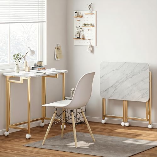 JSB Folding Desk for Small Spaces,Mobile Portable Rolling Laptop PC Table on Wheels,Foldable Computer Desk for Home Office,Bedroom,Dorm,Space Saving (White&Gold, 23.6") - Image 3