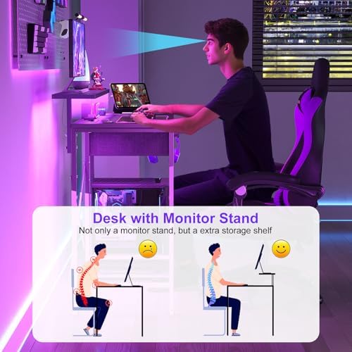 X-cosrack 33.5" Small Gaming Desk with LED Lights & Long Monitor Stand, Compact Computer Desk with Power Outlets & CPU Stand, Gamer Table with Storage Drawer for Home Office, Bedroom Corner, Black - Image 4