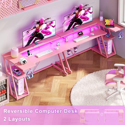 Korfile 55 Inch Pink Gaming Desk with Power Outlet & LED Lights, Corner Computer Desk with 3 Tiers Storage Shelves, L Shaped Gaming Desk with Monitor Stand for Bedroom - Image 3