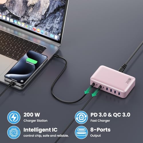 USB C Charger 200W USB C Charger Block,Upgraded GaN III 8-Port Fast Charging Station Hub,PD 65W Laptop Charging Adapter Compatible with MacBook Pro/Air,DELL,Steam Deck,iPhone 16/15/14,Galaxy S23/22 - Image 3