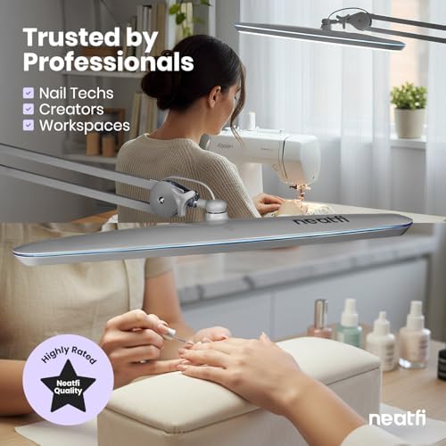 Neatfi XL 24W LED Desk Lamp – 2,200 Lumens | 23” Wide Shade | Dimmable Eye-Caring Task Light | Adjustable Arm | Office, Study, Crafting & Nail Techs (Silver, Non-CCT with Base) - Image 4