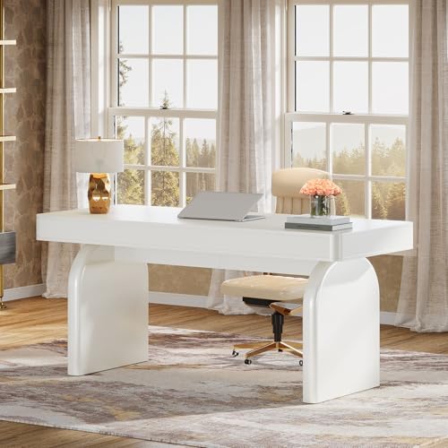 Tribesigns White Desk with Drawers, 63-Inch Modern Executive Office Desk, Glossy Elegant Work Study Writing Table for Home Office, Cream White - Image 4