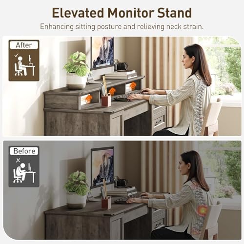 RALGEND 55'' Farmhouse Desk with Drawers, Office Desk with File Cabinet - Image 6