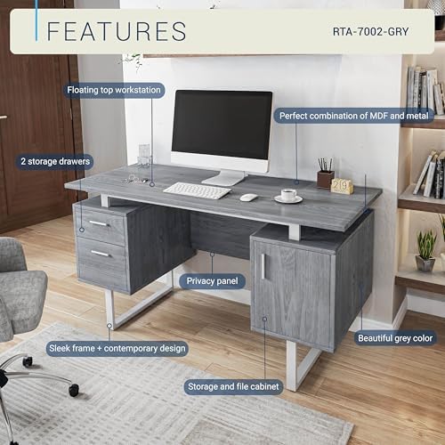 Techni Mobili Office Desk with Storage Drawers and Cabinet 51.25” W - Modern Office Desk with Large Floating Desktop Surface - Image 4