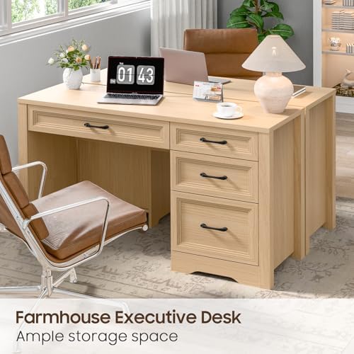 Vabches Farmhouse Executive Desk with Storage and Ample File Drawer, Rustic Large Home Writing Desk for Bedroom, Natural - Image 5