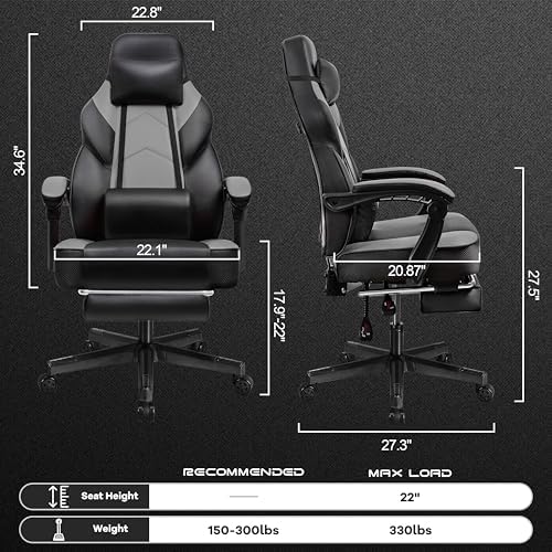 Gaming Chair for Adult, Computer Chair with Footrest Video Game Chair Big and Tall Gaming Chair with Massage Lumbar Support, Adjustable Height and 360° Swivel Seat(Grey) - Image 3