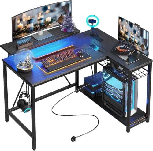 Bestier 42-Inch L-Shaped Computer Desk with Charging & LED, Black by Bestier