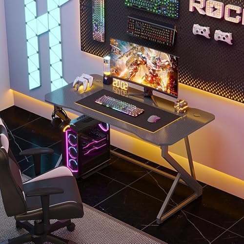Grandder Gaming Desk Z Shaped 47 Inch Gamer Workstation, Home Computer Carbon Fiber Surface Gaming Desk PC Table with Headphone Hook, Carbon Fiber Grey - Image 2