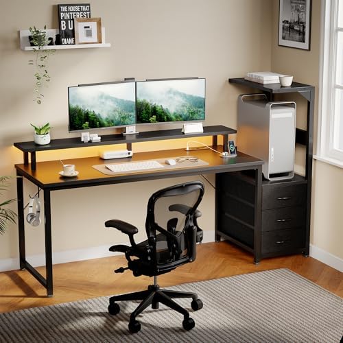 59" Reversible Gaming Desk with LED Lights Power Outlets, Black by HAPPYMONTLLC