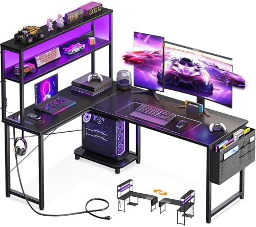 AODK L Shaped Desk Gaming Desk with LED Light & Power Outlet by AODK