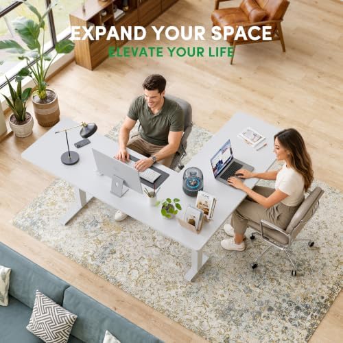 FEZIBO 75" x 63" L-Shaped Standing Desk - Adjustable Corner Desk L Shape, L-Shaped Adjustable Desk with Splice Board, L Shape Standing Desk, White - Image 2