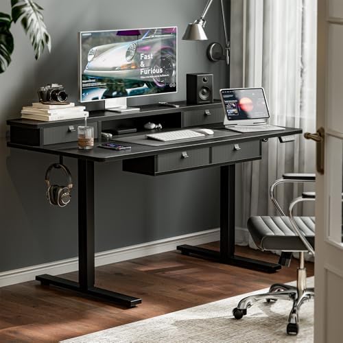 Grandder Electric Standing Desk with Four Drawers, Sit to Stand Up Height Adjustable Desk with Storage Shelf for Home Office, 47 * 28 Inch, Study, Ergonomic Adjustable Computer Desk, Black - Image 2