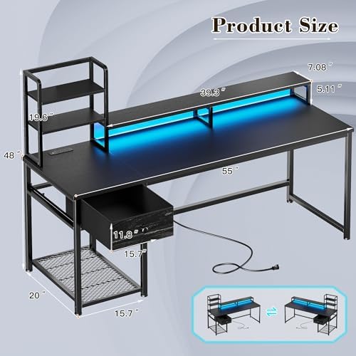 EnHomee 55 Inch Gaming Desk with Hutch and Drawers,Black - Image 2