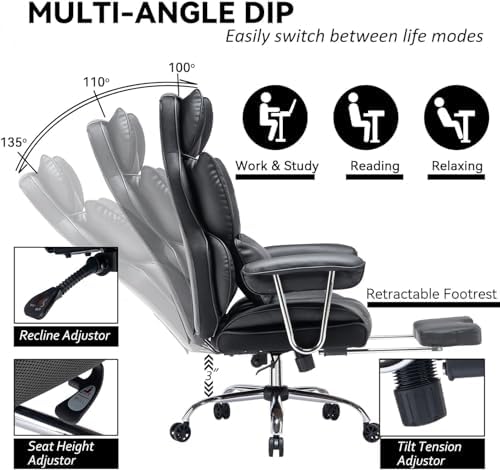 Efomao Big and Tall Office Chair with Foot Rest 400LBS, PU Leather Computer Chair, Heavy Duty Executive Office Chair with Lumbar Support, Black Home Office Chairs - Image 4