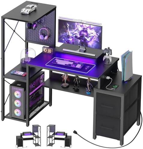 Small Gaming Desk with 2 Fabric Drawers - Reversible Computer Desk with Power Outlet & LED Lights, 49" Office Desk with Monitor Stand & Storage Shelves, Writing Study Table with Pegboard, Black by Besiost