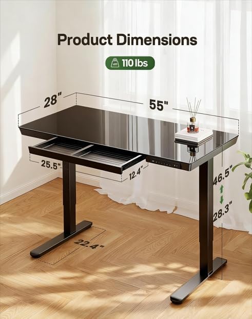 Marsail Glass Standing Desk, 55 x 28 Inch Electric Standing Desk - Image 3