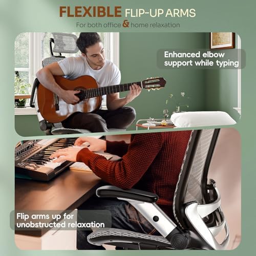 GABRYLLY Ergonomic Office Chair, High Back Home Desk Chair with Headrest, Flip-Up Arms, 90-120° Tilt Lock and Wide Cushion, Big and Tall Mesh Chairs for Man Woman, Grey Task Chair - Image 4