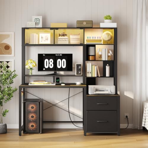 HOOBRO Computer Desk, 47.2" Gaming Desk with Hutch and LED Lights, Home Office Desk with Drawers and Bookshelf, Desk with Monitor Stand and Power Outlet for Bedroom, Black BB24UDDN01 by HOOBRO