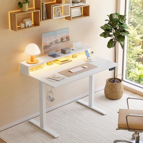 Klicelor Electric Standing Desk with Shelf, 48 Inch Height Adjustable Desk with Power Outlets & LED, Sit Stand Up Table with Monitor Stand, Computer Workstation for Home Office, White - Image 2
