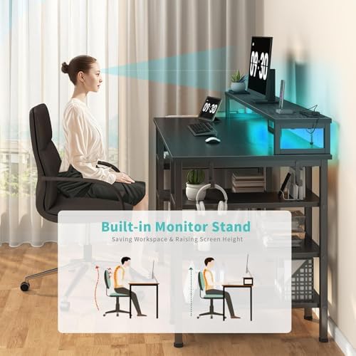 Lufeiya Gaming Desk with LED Lights and Storage Shelves, 47 inch Computer Desk with Power Outlets, Home Office Desk with Monitor Stand, Writing Table PC Desks, Black - Image 5