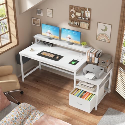 EnHomee 56.5" Office Desk with Drawers & Printer Space for Home Work,White - Image 3