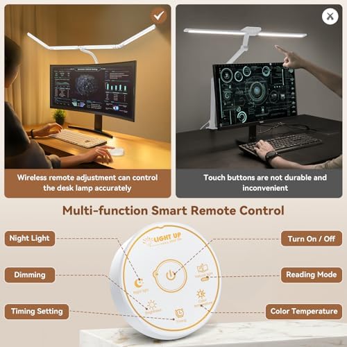 Pzloz Led Desk Lamp with Clamp: Architect Desk Lamp for Home Office, Eye Caring Double Head Computer Monitor Work Desk Light with Remote Control - 24W Flexible Dimmable Desktop Table Lamp White - Image 5