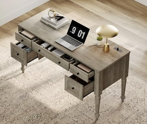 WAMPAT Farmhouse Executive Desk with Drawers, Vintage Writing Desk with Charging Station, Home Office Desk with Storage Cabinet & Open Shelf for Study, 56 Inch, Grey - Image 5