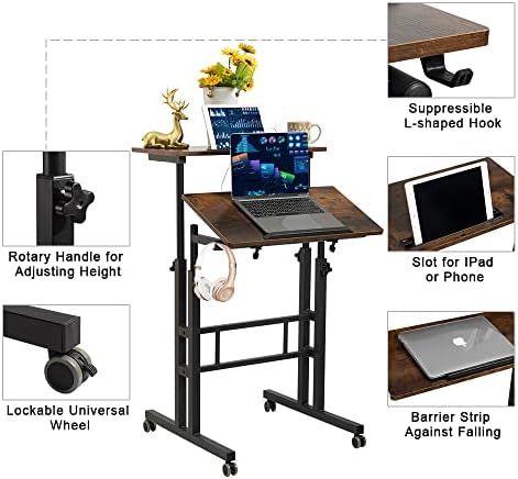Hadulcet Mobile Standing Desk with Wheels, Rolling Desk Adjustable Height, Portable Laptop Table with Charging Station, Sit Stand up for Home Office, Study, Classroom, Rustic Brown - Image 5